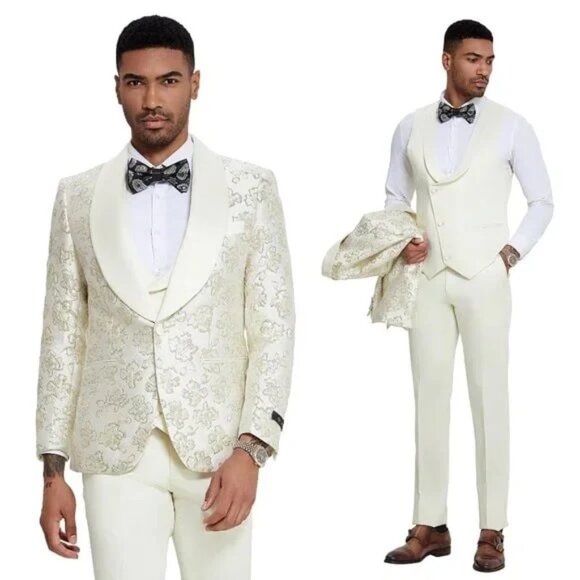 2024 Ivory Shiny Floral Mens 3pc Suit by Tazzio - Picture 1 of 5